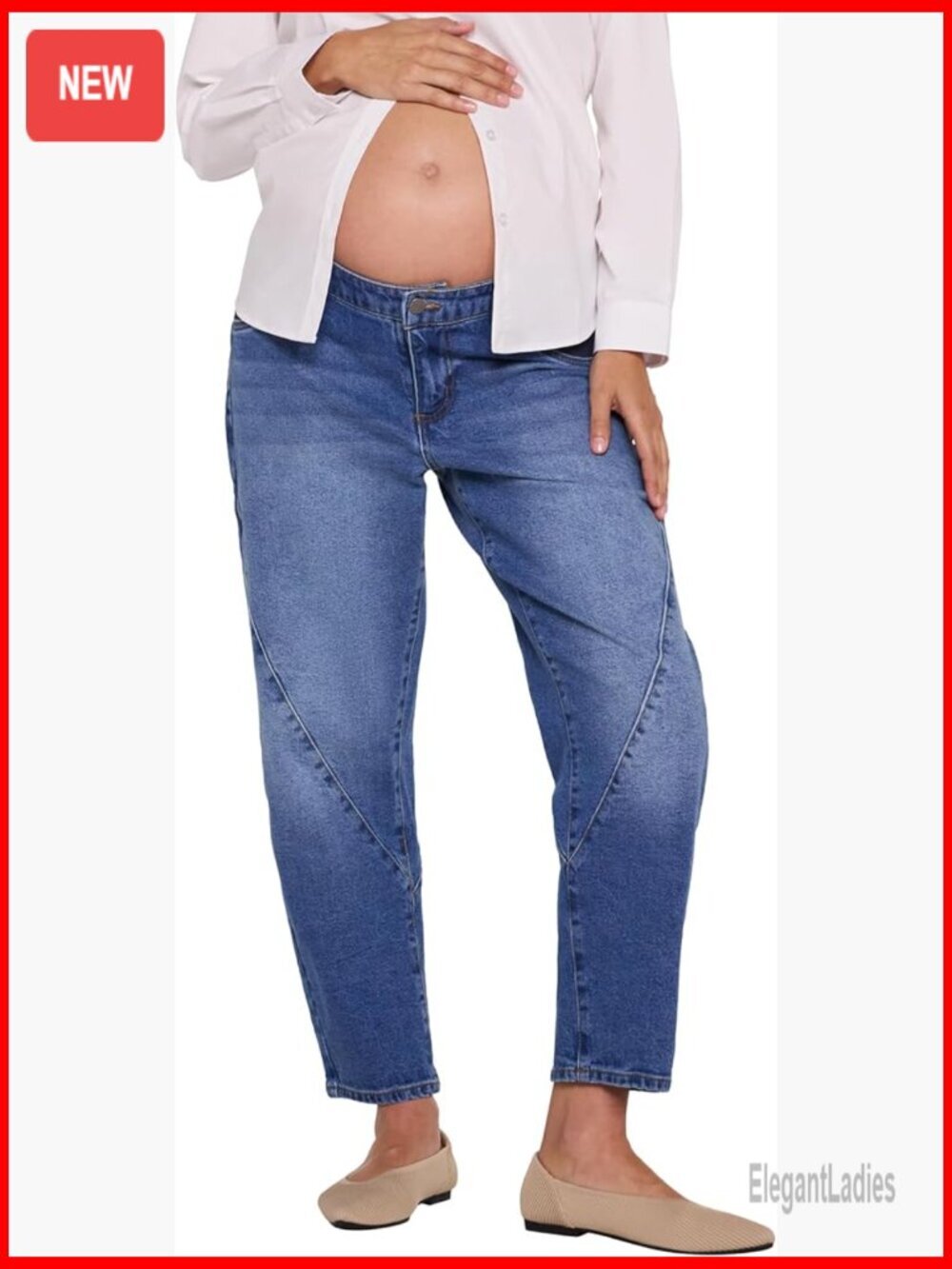 Maternity Jeans Under Belly Elastic Waist Barrel Leg Relaxed Fit